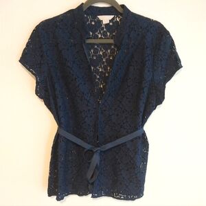 Janeville Navy Blue Cap Sleeve V-Neck Lace Top with Ribbon Waist Tie